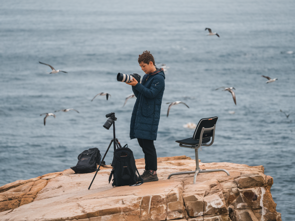 Exact 10-item kit for photographing seabirds on exposed headlands with a 20l rucksack