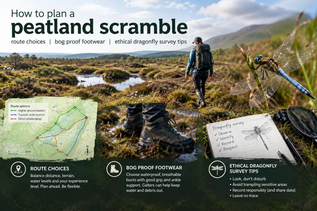 How to plan a peatland scramble: route choices, bog-proof footwear and ethical dragonfly survey tips