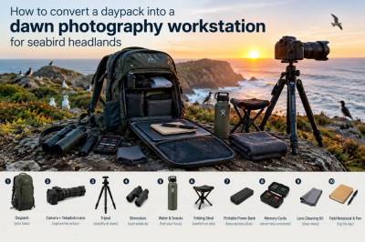 How to convert a daypack into a dawn photography workstation for seabird headlands with an exact 10-item layout